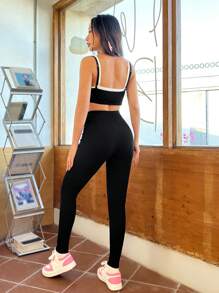 SHEIN EZwear 2 In 1 Women's Shortened Strap Top And Leggings Set - Black and White - View 2