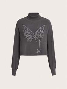 ROMWE PUNK 水鑽心型圖案高領長袖t卹 - 深灰色 - 查看 1