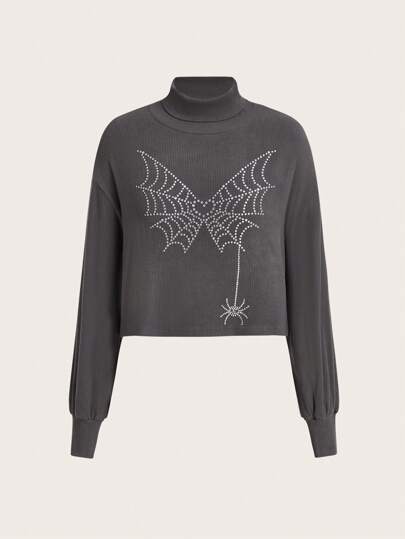 Camiseta De Manga Larga Con Cuello Alto Y Patrón De Corazón De Diamantes De Imitación