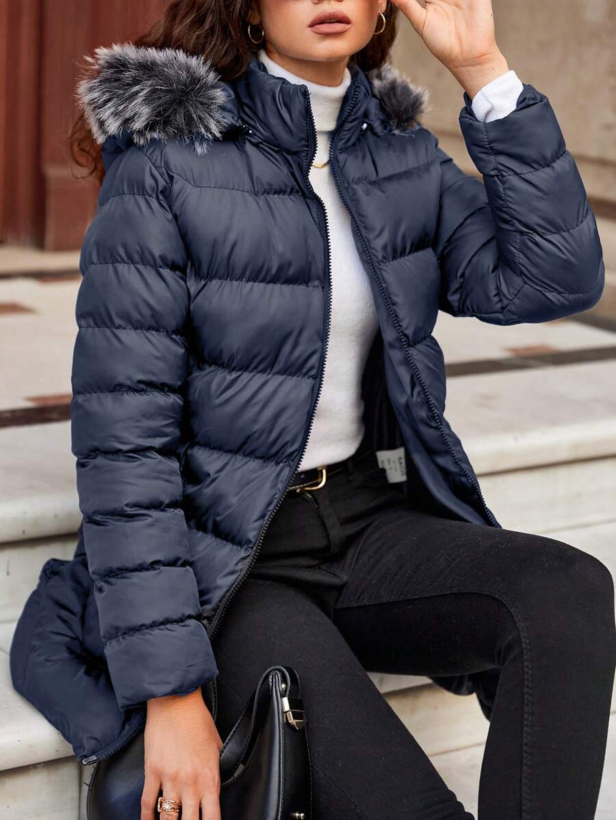 EURMUSE Women'S Hooded Padded Parka Jacket With Collar - Navy Blue - View 1