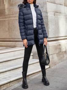 EURMUSE Women'S Hooded Padded Parka Jacket With Collar - Navy Blue - View 3