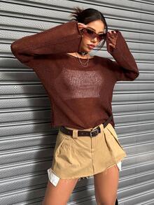 SHEIN Unity 女士船頸透視休閒毛衣 - 咖啡棕 - 查看 6