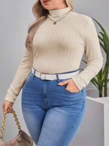 SHEIN Essnce Women's Plus Size Solid Color High Neck Slim Fit T-shirt With Ruched Detail - Beige - View 3