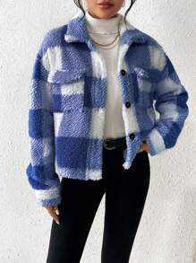 SHEIN Essnce Plush Color-blocked Jacket - Royal Blue - View 6