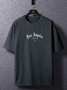 Manfinity LEGND Men Letter Graphic Printed Short Sleeve T-Shirt, For Going Out, For Friends, 2000s Style - Grey - View 3