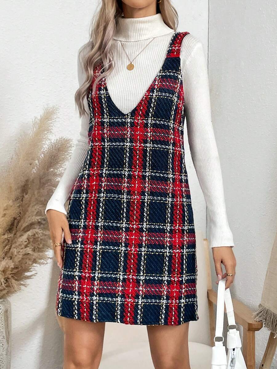 SHEIN LUNE Plaid Print Overall Dress Without Sweater - Multicolor - View 1