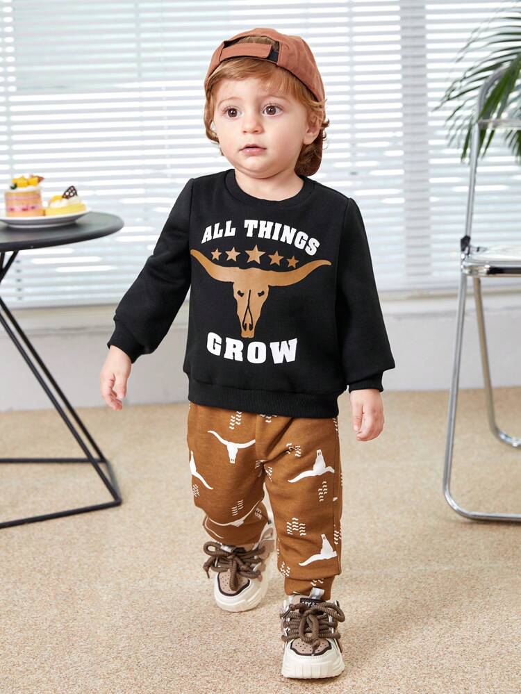 Baby Boys' Cartoon Animal Patterned Sweater And Jogger Pants Two Piece Set With Round Neck And Regular Shoulder