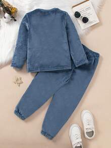 SHEIN 幼兒女孩字母刺繡法蘭絨套裝 - 霧霾藍 - 查看 2