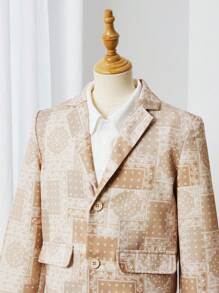 SHEIN Tween Boys' Elegant Turn-Down Collar Suit With Printed Long Pants, 2pcs/Set - Khaki - View 4