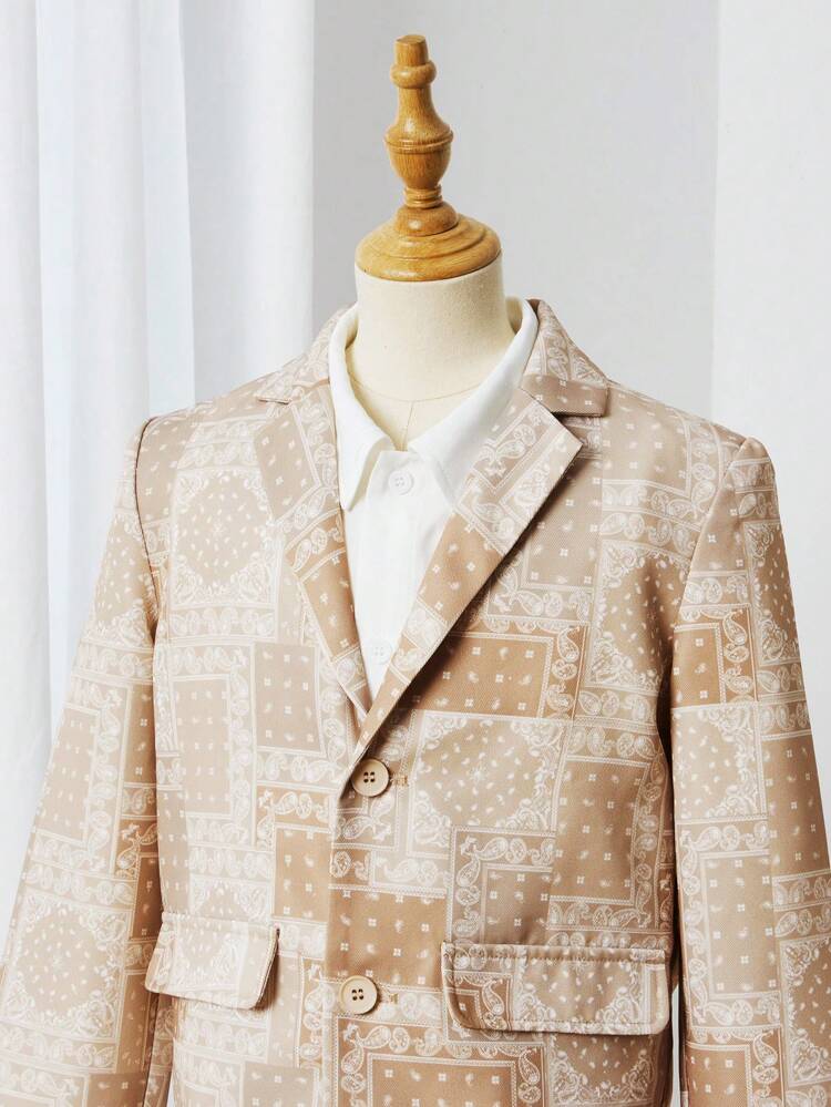 Tween Boys' Elegant Turn-Down Collar Suit With Printed Long Pants, 2pcs/Set