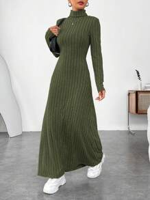 SHEIN EZwear Vestido de cuello alto verde sólido de felpa acanalada - Verde militar - Ver 5