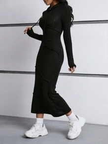 SHEIN EZwear Ladies' Solid Color Drawstring Hoodie Long Dress - Black - View 5