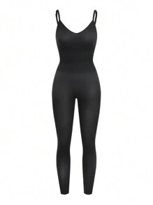 SHAPORA Solid Seamless Tummy Control Cami Shapewear Jumpsuit - Black - View 3