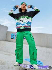 Streetz SHEIN Sport 男女皆宜的嘻哈火焰印花落肩卫衣 - 彩色 - 查看 3