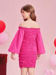 SHEIN Tween Girls' Knitted Solid Color Off Shoulder Dress With Ruched For Elegant Look