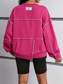 SHEIN EZwear Áo nỉ lót nhiệt dáng rộng dành cho nữ có chi tiết vá, vai trễ và đường may hở - Màu Hồng Tươi - Xem 2