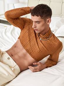 Manfinity Fever City Men's Stand Collar Lace Cropped Long Sleeve T-shirt - Yellow - View 6