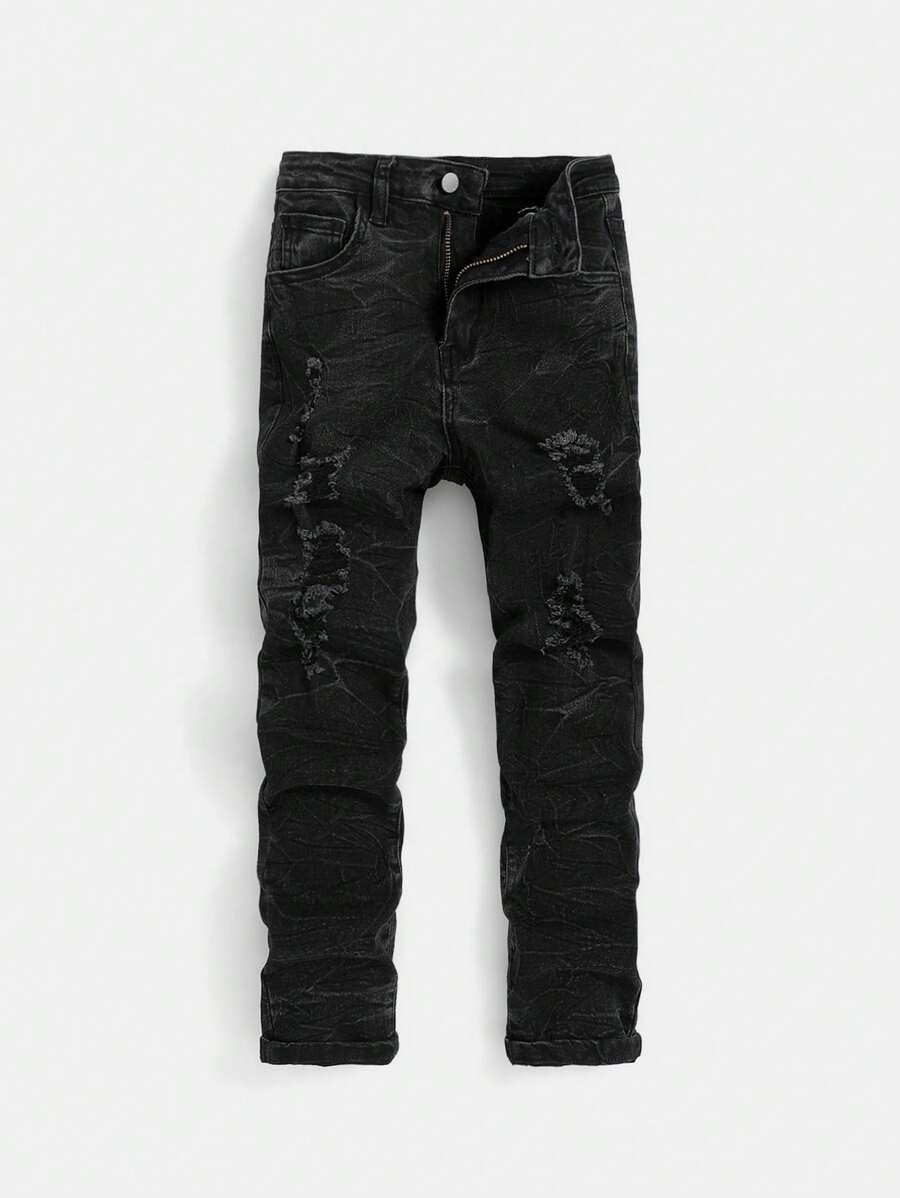 SHEIN Tween Boy Streetwear Cool Black Heavy Washed Stretch Ripped Jeans - Black - View 1