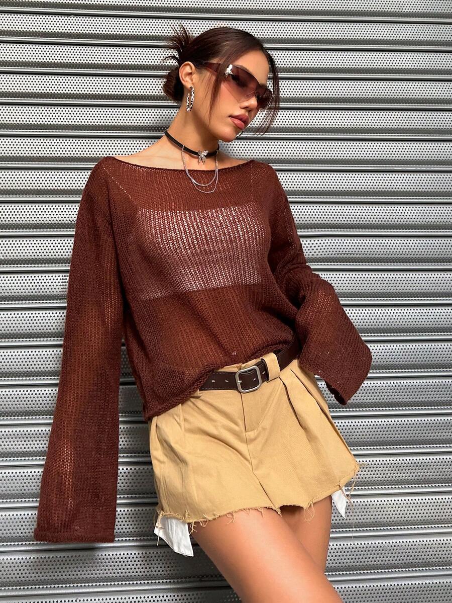 SHEIN Unity 女士船頸透視休閒毛衣 - 咖啡棕 - 查看 1