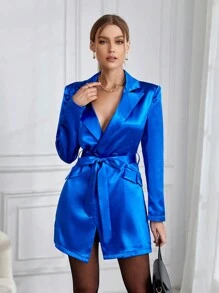 SHEIN Privé Ladies' Lapel Belted Blazer - Blue - View 4