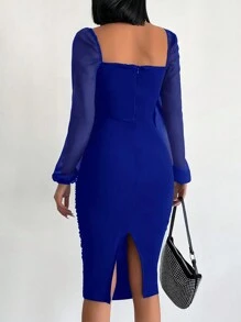EURMUSE Square Neck Lantern Sleeve Ruched Bodycon Dress - Royal Blue - View 3