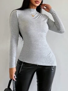 SHEIN SXY 女士立領摺疊和開槽純色t卹 - 灰色 - 查看 3