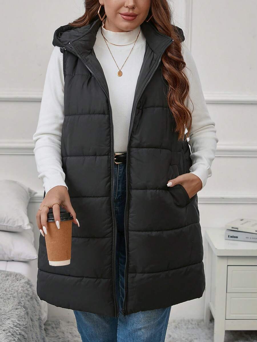 SHEIN LUNE Plus Slant Pockets Hooded Vest Padded Coat - Black - View 1