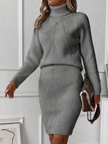 SHEIN Clasi 女裝純色高領休閒套裝毛衣和裙子 - 灰色 - 查看 1
