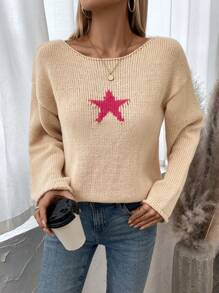 EMERY ROSE Drop Shoulder Sweater With Five-Pointed Star Pattern Knit Pullover Fall Winter Sweater - Khaki - View 5