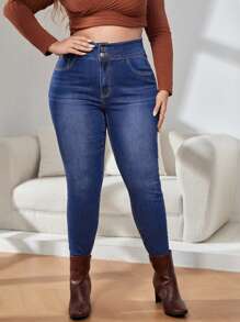 SHEIN Essnce 女款大尺碼高腰緊身牛仔褲 - 中等水洗藍 - 查看 3