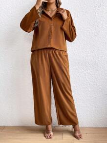 SHEIN LUNE 大尺碼女士簡約純色鈕扣襯衫與長褲套裝 - 棕色 - 查看 1