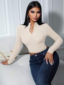 INAWLY Half Zip Stand Collar Long Sleeve T-Shirt Fall Cloth For Women - Beige - View 4