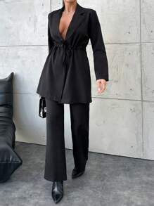 Women's Pure Color Collared Drawstring Waist Jacket And Wide Leg Pants Set - Black - View 4
