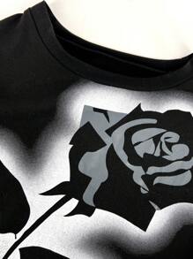 SHEIN ICON Plus Size Floral Print Crew Neck T-Shirt - Black - View 6