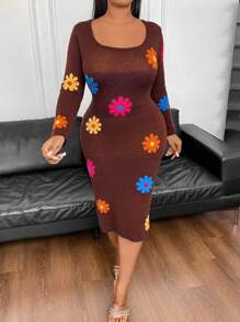 Flirla Women's Plus Size Floral Patterned Sweater Dress With Large Round Neckline Fall Cloth For Women - Coffee Brown - View 4