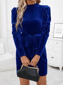 SHEIN Clasi Women's Blue V-neck Belted Dress - Royal Blue - View 3