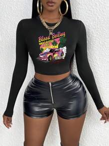 Slaydiva Top Corto De Carreras Estampado Para Mujer - Negro - Ver 3