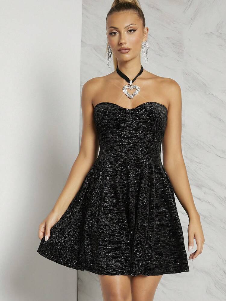 Glitter Dot Sweetheart Neck Dress