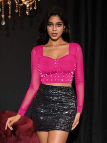 Allurite Pearl Beaded Mesh Sleeve Cropped T-shirt - Hot Pink - View 3