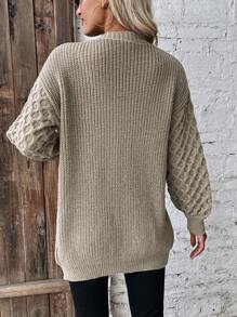 SHEIN LUNE 有紋理質感的女士開衫毛衣 - 卡其色 - 查看 2