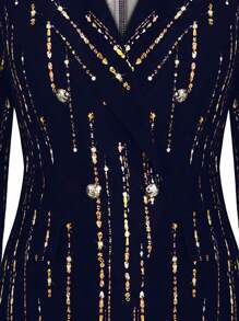 SHEIN Clasi Women's Plus Size Printed Notched Collar Double-Breasted Waist Cinched Blazer - Navy Blue - View 4