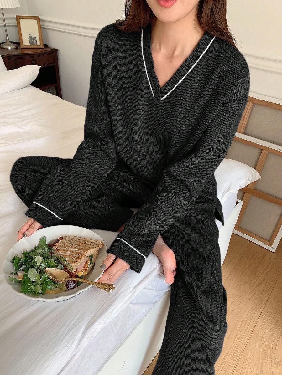 DAZY Women's Color-Block Striped Homewear Set Fall,Winter Pajama - Black - View 1