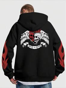 ROMWE MEN Grunge Punk 男款連帽衫,印有骷髏和翅膀圖案 - 黑色 - 查看 1