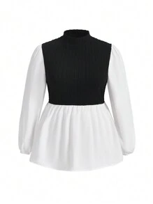 SHEIN Unity Plus Two Tone Mock Neck Peplum Top - Black and White - View 2
