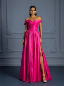 Off Shoulder Tách đùi Ăn mặc trang trọng - Đỏ - Xem 1