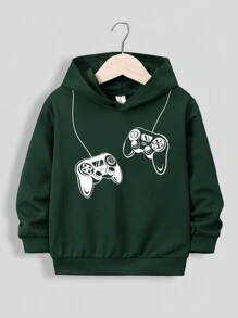 SHEIN Con trai Giải trí Áo nỉ Với Chơi game Máy móc In - Màu xanh lá cây đậm - Xem 1