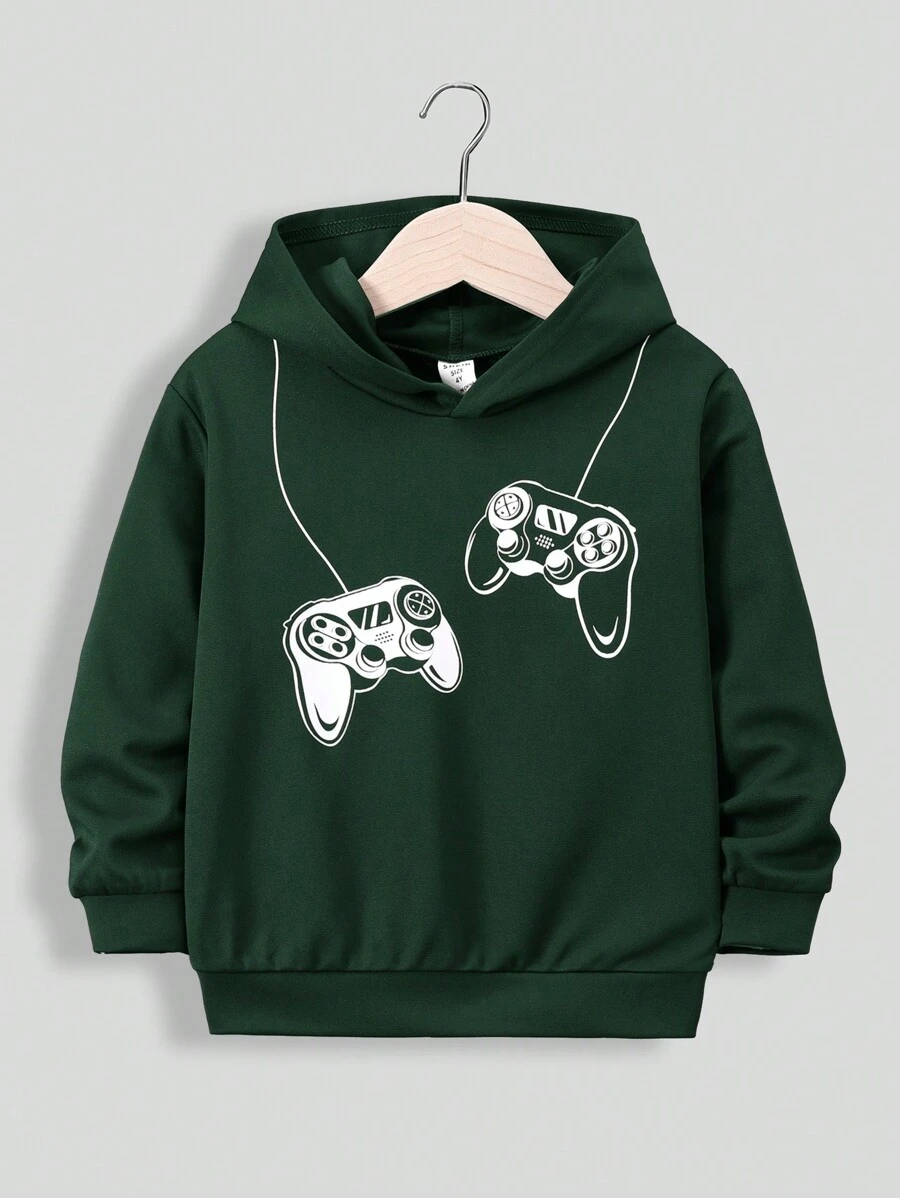 SHEIN Con trai Giải trí Áo nỉ Với Chơi game Máy móc In - Màu xanh lá cây đậm - Xem 1