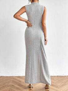 SHEIN Privé Ribbed Sleeveless Split Hem Knitted Dress - Light Grey - View 6