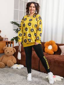 SHEIN EZwear 大尺碼女性花紋運動衫和印有字母的緊身褲套裝 - 彩色 - 查看 4