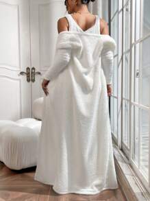 SHEIN Essnce 絨毛素色背心上衣和褲子&開門襟外套 - 白色 - 查看 2